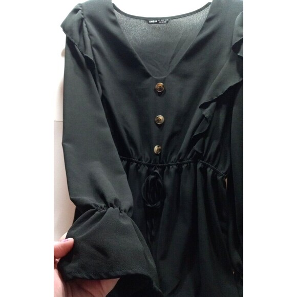 Black Size Lg Shein Dress Long Sleeve Ruffle Bodice Hem Cuffs Elastic Waist - Picture 5 of 10